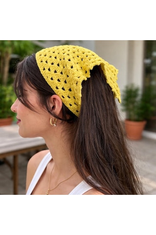 Kadın El Örgüsü Üçgen Bandana Saç Aksesuarı Sarı