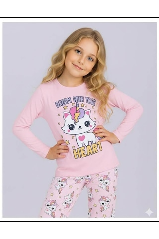 Kız Çocuk Uzun Kollu %100 Pamuklu Pijama Takımı Unicat Pembe