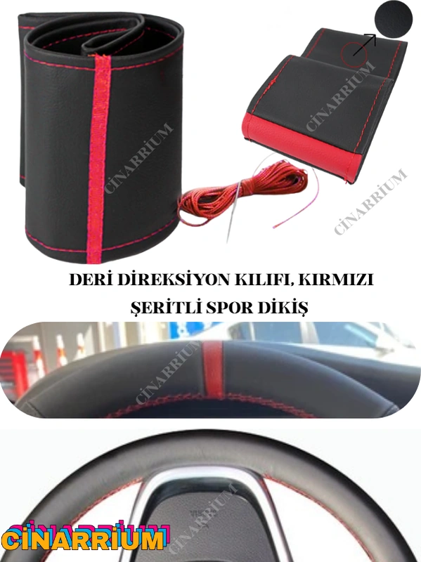 Renault Fluence Yerli Üretim Suni Deri Direksiyon Kılıfı, Kırmızı Şeritli Spor Dikiş Çok Renkli