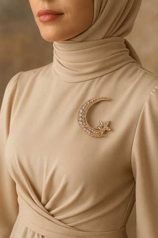 Taşlı Hilal Ve Yıldız Model Broş Gold