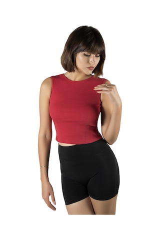 Terapi Men Kırmızı Fitted/vücuda Oturan Crop Halter Yaka Fitilli Esnek Örme Bluz Atlet Kırmızı
