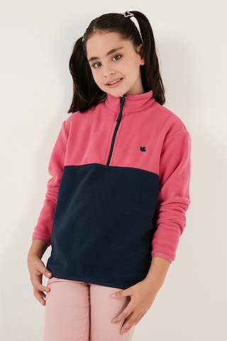 Lela Yumuşak Dokulu Yarım Fermuarlı Renk Bloklu Dik Yaka Unisex Çocuk Polar 5905004 Fuşya-Lacivert