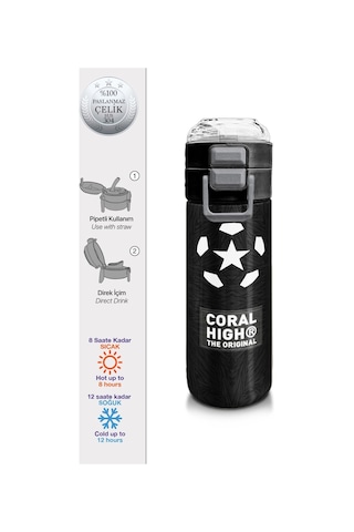 Coral High 500 Ml Paslanmaz Çelik Okul Termosu/suluk/matara - Erkek Çocuk - Siyah Futbol Desenli - Sızdırma Yapmaz Çok Renkli