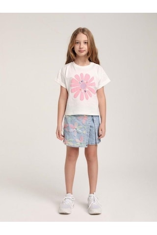 Kız Çocuk Çiçek İşlemeli Tasarım Şort Etek-15579 Mavi