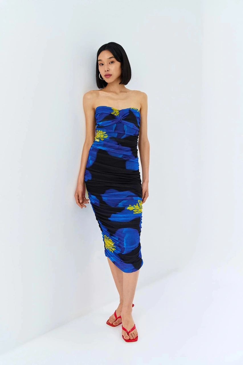 Olla Collection Straplez Desenli Midi Elbise Mavi Mavi