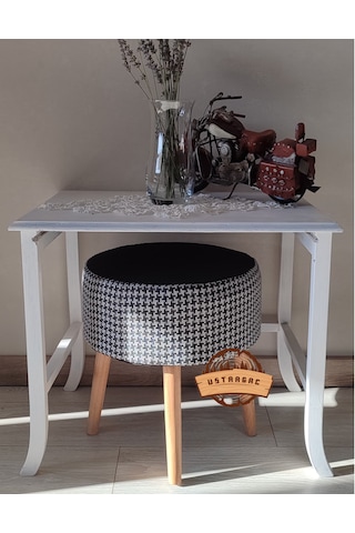 Puf Koltuk Tabure - Kaz Ayağı Siyah Keten - Ahşap Gürgen Ay