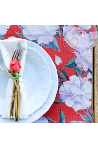 Red - White Rose Kumaş Amerikan Servis 4'lü Set - Keten Kumaş Ulusl. Yıkama Ve Solmama Sertifikası Çok Renkli