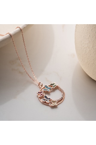 Vaoov 925 Ayar Gümüş Renkli Taşlı Rose Kelebek Kolye Rose