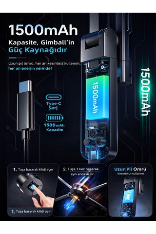 1500 Mah Led Işıklı 180 Cm Takip Özellikli Gimbal Tripod Selfie Çubuğu Bluetooth Kumandalı