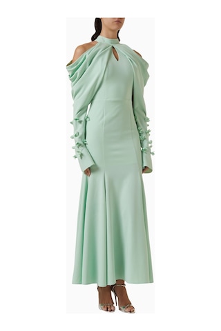 Ac By Aanchal Chanda Draped Off - Shoulder Omuz Açık Çiçek Aplikeli Maxi Kadın Elbise Açık Yeşil