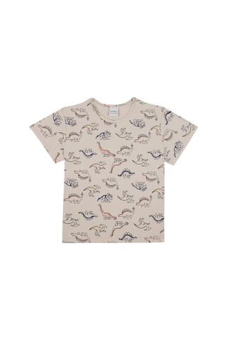 Antebies Organik Bej Dinazor Desenli Beli Lastikli Kısa Kollu Erkek Çocuk Pijama Takımı Krem