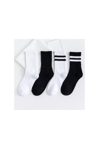 Worthy Socks 4'lü Kadın Siyah Beyaz Çizgili Düz Pamuklu Tenis Kolej Çorap Siyah-beyaz
