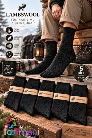 Footmania Erkek Siyah Kışlık Lambswool Çorap 5 Çift