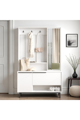 Robin Home Portmanto Vestiyer Ayakkabılık Aynalı Metal Ayaklı Beyaz Beyaz