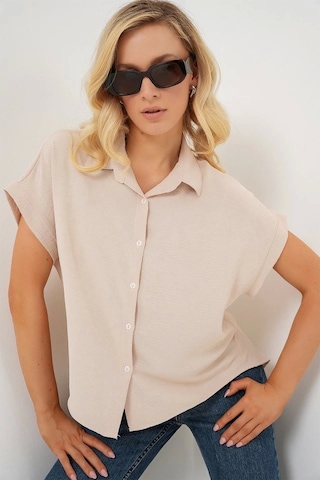 Defymoda Oversize Kısa Kol Gömlek 20322 - Krem Krem