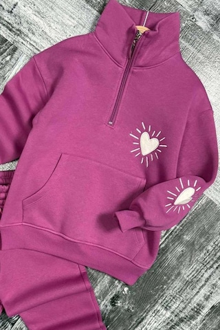Riccotarz Kız Çocuk Kalp Emoji Baskılı Kanguru Cepli Fermuarlı Sweat Mor Eşofman Takım Mor
