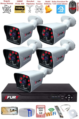Fury 5 Kameralı 2mp Full Hd Görüntü 6 Atom Led Gece Görüşlü Dış Mekan Güvenlik Kamerası Seti 320gb