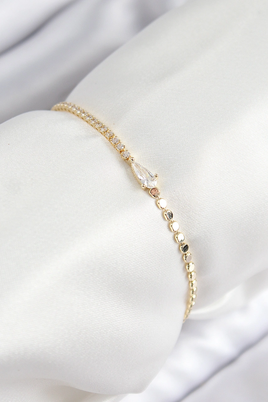 Tua Moda Pirinç Zirkon Taşlı Damla Model Ezme Zincir Gold Renk Kadın Bileklik Çok Renkli