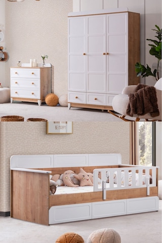 Mira Çocuk Odası Takımı, Mira Yavrulu Karyola, Berlin 3 Kapaklı Dolap, Şifonyer - Ceviz Renkli