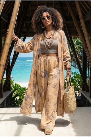 Fashion Cocktail Çiçek Yapraklı Baskılı Oversize Kimono Kaftan Lastikli Pantolon Doğal Gofre Bohem Takım Karamel