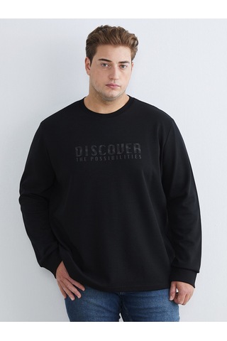 Lcwaıkıkı Classic Siyah Büyük Beden Bisiklet Yaka Baskılı Erkek Sweatshirt