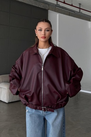 Karabulut Kadın Oversize Deri Ceket Oversize Relax Fit, Fermuarlı Kemer Detaylı Günlük Kadın Ceket Bordo Bordo