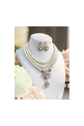 Beyaz Kristal Taşlı İnci Kolye Ve Küpe Seti 72418040