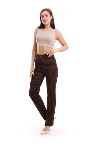 Winmoda34 Yüksek Bel Çimalı Palazzo Kumaş Pantolon Nevrulu Çizgili-kahve