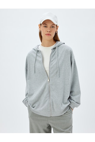 Koton Fermuarlı Kapşonlu Sweatshirt Uzun Kollu Üç İplik Pamuklu Gri 5wak10225ek Gri