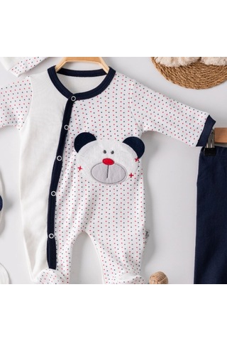 3 Ay Puanlı Ayıcık Nakışlı Tulumlu Erkek Bebek 5'li Set Lacivert Lacivert