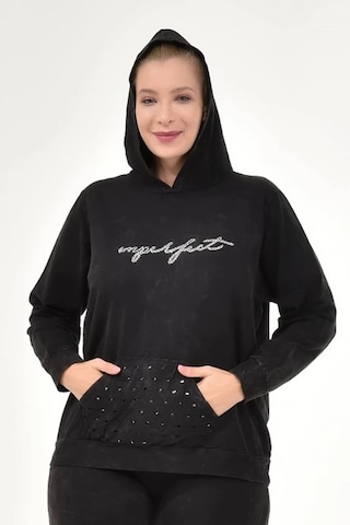Kadın Büyük Beden İtalyan Yıkama Siyah Kapşonlu Sweatshirt Siyah