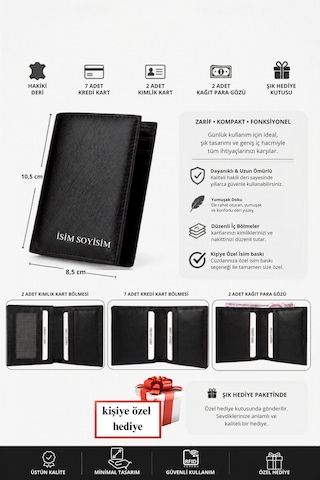 Vanilla Collection Hakiki Deri Kişiye Özel İsim Baskılı Cüzdan Kartlık Portföy Kişiye Özel Hediye Siyah