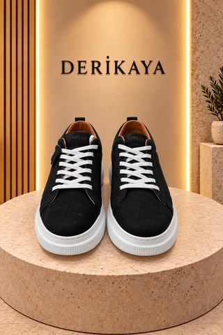 Deri Kaya Erkek Nubuk Deri Bağcıklı Günlük Sneaker Spor Ayakkabı Siyah