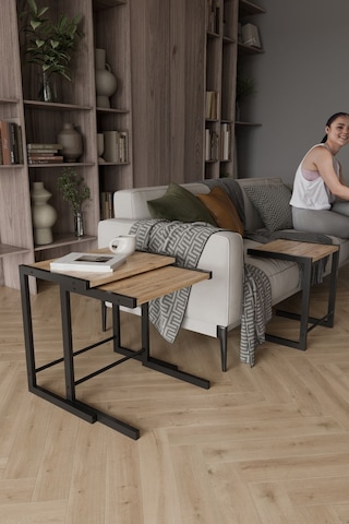 Bronte 3 Lü Zigon Sehpa, Metal Zigon Sehpa Atlantik Çam
