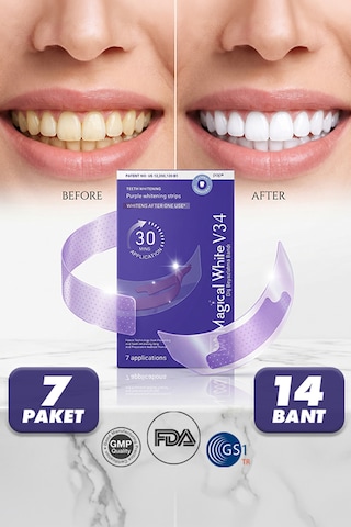 V34 Mor Diş Beyazlatma Bandı - Sarılık Karşıtı Renk Düzeltici Diş Beyazlatıcı Şerit Seti 7 Paket/14 Adet