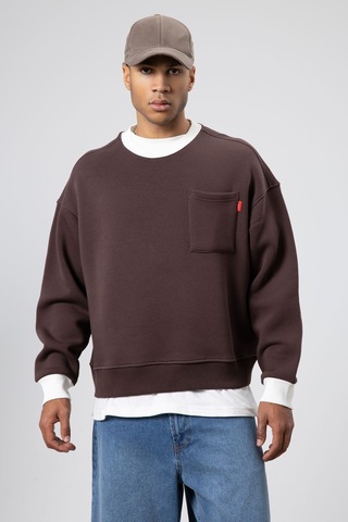 Vamos Bisiklet Yaka Cep Detaylı Oversize Sweatshirt Kahve