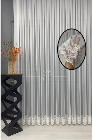 Tül Perde Etek İşleme Su Yolu Yonca Desen 127566 Ekru