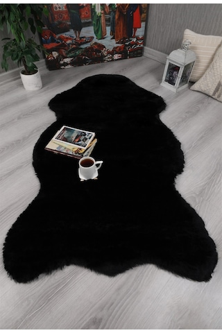 Tavşan Tüyü Dekoratif Ultra Yumuşak Post Peluş Kaymaz Halı Siyah