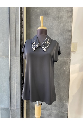 Pera Moda İç Göstermeyen Yakası İnci Ve Taşlı Kısa Kollu Şık Kadın Gömleği Siyah
