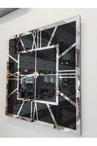 Ayna Denizi Silver Quare Black Model Gümüş Siyah Renk 60 CM x 60 CM Dekoratif Aynalı Duvar Saati Gümüş - Siyah