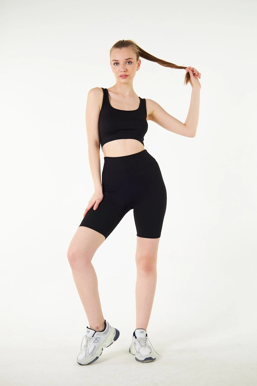 Thiff Gymwear Haki Yüksek Bel Toparlayıcı Kısa Şort Spor Fitilli Biker Tayt Siyah