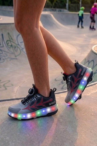 Nstil Unisex Yetişkin Çocuk Spor Ayakkabı Akıllı Bağcıklı Çıkarılabilen Patenli Işıklı Sneaker 003 Kırmızı