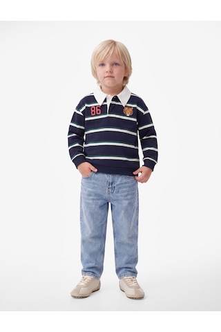 Koton Kaplan Baskılı Uzun Kollu Çizgili Polo Yaka Sweatshirt Lacivert Çizgili 7wmb10057tk