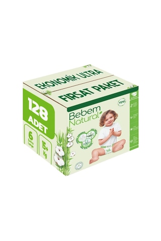 Bebem Bebek Bezi Natural Beden:6 15+kg Extra Large 128 Adet 6 Numara