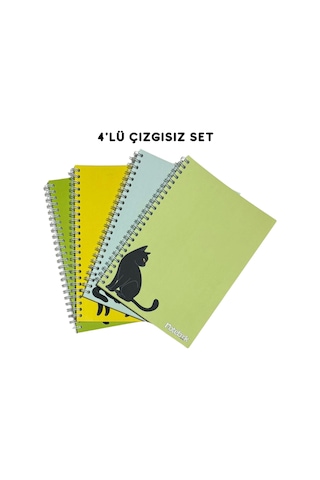 A5 Spiralli Kedi Konsept Defter 40 Yaprak 4'lü Tamamı Çizgisiz