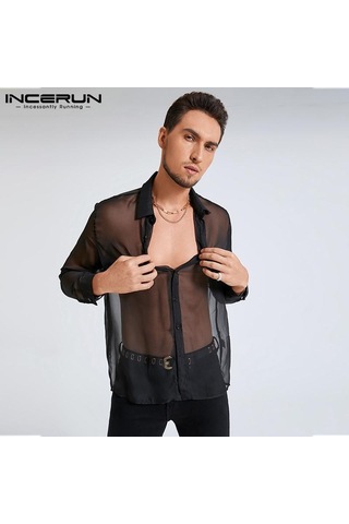 İncerun Erkek File Transparan Uzun Kollu Transparan Parti Gömlekleri Siyah