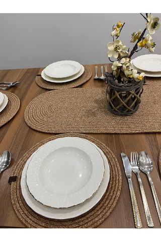 Senza Atelier Lüks 8 Parça Jüt Masa Sunum Seti Oval Runner, 6 Lı Supla Ve Sunum Sepeti Takımı Hasır