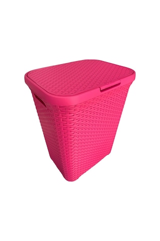 2'li Set Hasır Desenli Plastik Fusya Çamaşır Sepeti & Fusya Çamaşır Selesi Fuşya
