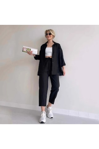 Barbora Keten Günlük İkili Takım Elbise Pantolon Gömlek Ln21siyah5 001
