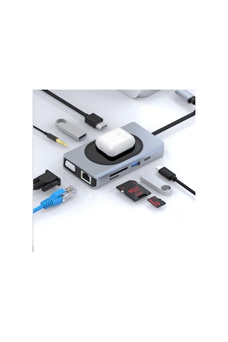 Winex WNE0064 9in1 USB Type-C Hub Port Adaptör 4K HDMI USB Ethernet PD Girişli 15 W Kablosuz Şarj